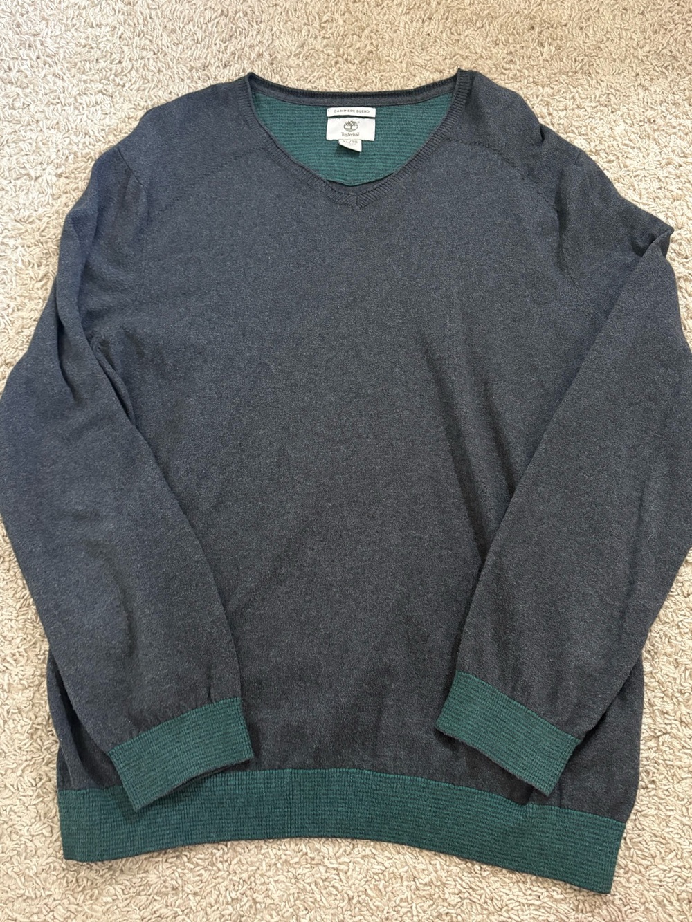 Timberland Charcoal V-Neck Sweater with Green Trim
